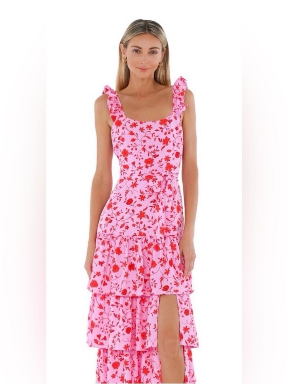 Likely Charlotte Pink Red Floral Tiered Ruffle Maxi Dress Size 8